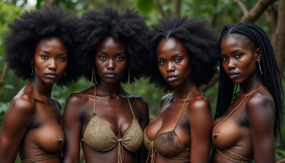 A striking image of four women from an African tribe, showcasing deep black skin and exuding a powerful presence