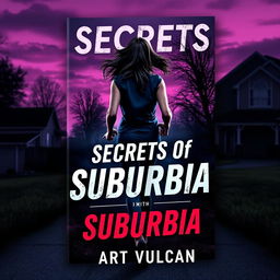 A dynamic cover image for the book 'Secrets of Suburbia' featuring a female villain running away, with her back facing the reader