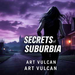 A dynamic cover image for the book 'Secrets of Suburbia' featuring a female villain running away, with her back facing the reader