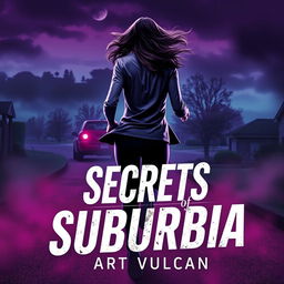 A dynamic cover image for the book 'Secrets of Suburbia' featuring a female villain running away, with her back facing the reader