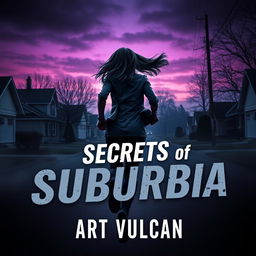 A dynamic cover image for the book 'Secrets of Suburbia' featuring a female villain running away, with her back facing the reader