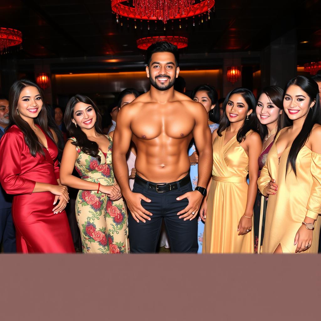 A vibrant scene featuring a handsome Indonesian man with Turkish heritage, showcasing a muscular physique, standing proudly at the center