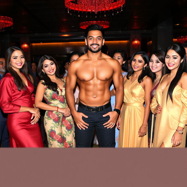 A vibrant scene featuring a handsome Indonesian man with Turkish heritage, showcasing a muscular physique, standing proudly at the center