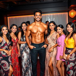 A vibrant scene featuring a handsome Indonesian man with Turkish heritage, showcasing a muscular physique, standing proudly at the center