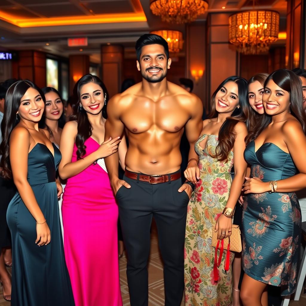 A vibrant scene featuring a handsome Indonesian man with Turkish heritage, showcasing a muscular physique, standing proudly at the center