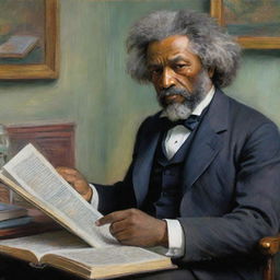 Showcase Frederick Douglass in a scholarly setting, engaging in intellectual endeavors, captured in Claude Monet's impressionistic style. Douglass is absorbed in reading a book, his face illuminated with knowledge, while his surroundings exude the vibrant colors and strokes typical of Monet.