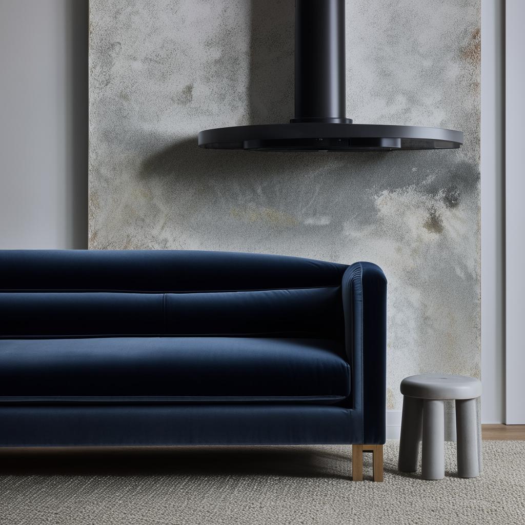 A cozy living room furnished with a navy blue velvet sofa, a grey velvet chair, nestled by a warm, inviting chimney.