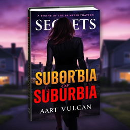 A thrilling book cover for 'Secrets of Suburbia', featuring a female villain escaping with her back to the viewer