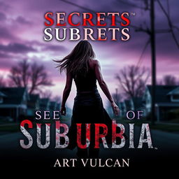 A thrilling book cover for 'Secrets of Suburbia', featuring a female villain escaping with her back to the viewer