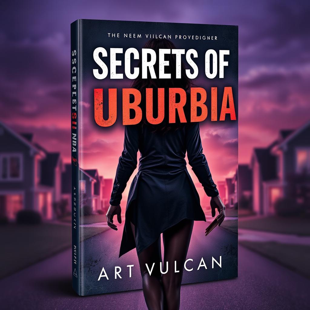 A thrilling book cover for 'Secrets of Suburbia', featuring a female villain escaping with her back to the viewer