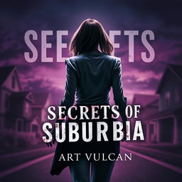 A thrilling book cover for 'Secrets of Suburbia', featuring a female villain escaping with her back to the viewer