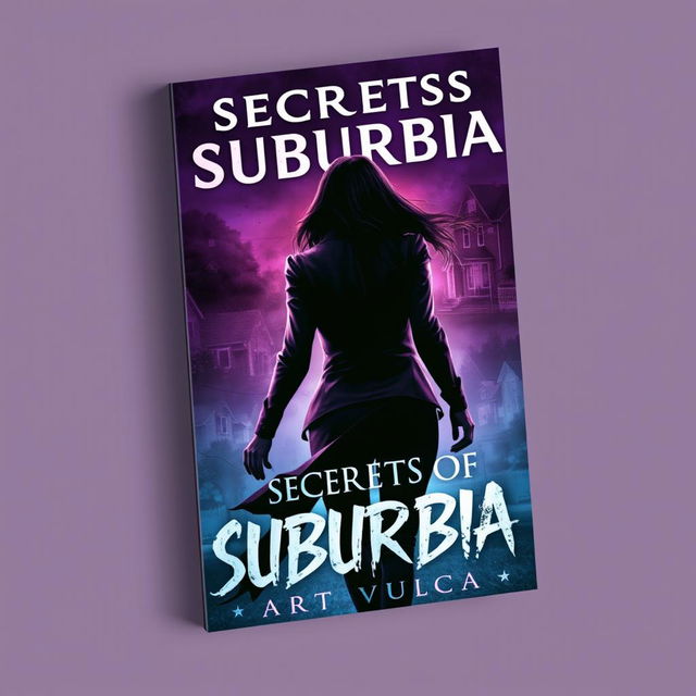 A captivating book cover for 'Secrets of Suburbia' featuring a female villain escaping, her back turned towards the viewer