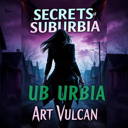 A captivating book cover for 'Secrets of Suburbia' featuring a female villain escaping, her back turned towards the viewer