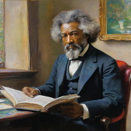 Showcase Frederick Douglass in a scholarly setting, engaging in intellectual endeavors, captured in Claude Monet's impressionistic style. Douglass is absorbed in reading a book, his face illuminated with knowledge, while his surroundings exude the vibrant colors and strokes typical of Monet.