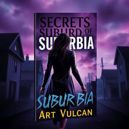 A captivating book cover for 'Secrets of Suburbia' featuring a female villain escaping, her back turned towards the viewer