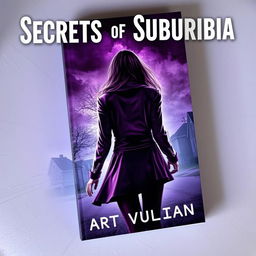 A captivating book cover for 'Secrets of Suburbia' featuring a female villain escaping, her back turned towards the viewer