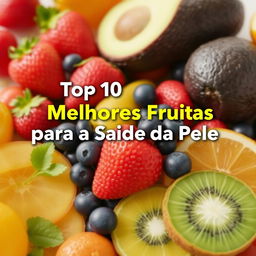 An engaging and informative YouTube thumbnail titled 'Top 10 Melhores Frutas para a Saúde da Pele' in bold, attractive lettering