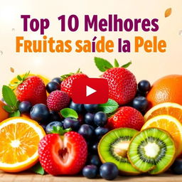 An engaging and informative YouTube thumbnail titled 'Top 10 Melhores Frutas para a Saúde da Pele' in bold, attractive lettering