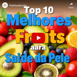 An engaging and informative YouTube thumbnail titled 'Top 10 Melhores Frutas para a Saúde da Pele' in bold, attractive lettering