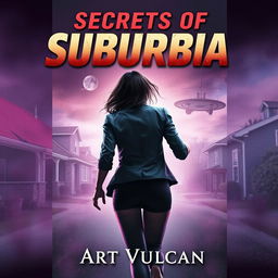 A thrilling book cover for 'Secrets of Suburbia' featuring a female villain with her back facing the viewer, dramatically fleeing from an unseen danger