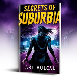 A thrilling book cover for 'Secrets of Suburbia' featuring a female villain with her back facing the viewer, dramatically fleeing from an unseen danger