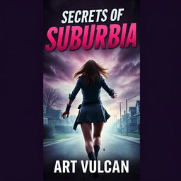 A thrilling book cover for 'Secrets of Suburbia' featuring a female villain with her back facing the viewer, dramatically fleeing from an unseen danger