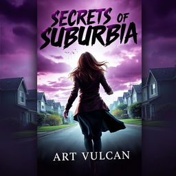 A thrilling book cover for 'Secrets of Suburbia' featuring a female villain with her back facing the viewer, dramatically fleeing from an unseen danger