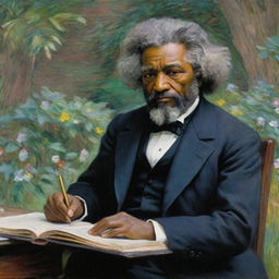 Showcase Frederick Douglass in a scholarly setting, engaging in intellectual endeavors, captured in Claude Monet's impressionistic style. Douglass is absorbed in reading a book, his face illuminated with knowledge, while his surroundings exude the vibrant colors and strokes typical of Monet.