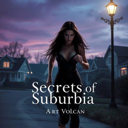 A thrilling and suspenseful scene titled 'Secrets of Suburbia', featuring a female villain with long hair, dressed in dark, sleek attire, running away from the viewer