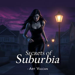 A thrilling and suspenseful scene titled 'Secrets of Suburbia', featuring a female villain with long hair, dressed in dark, sleek attire, running away from the viewer