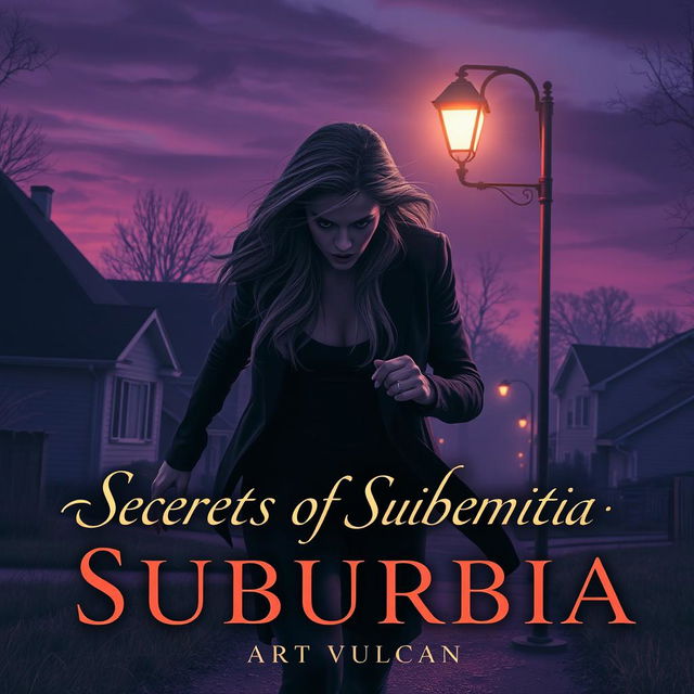 A thrilling and suspenseful scene titled 'Secrets of Suburbia', featuring a female villain with long hair, dressed in dark, sleek attire, running away from the viewer