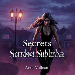 A thrilling and suspenseful scene titled 'Secrets of Suburbia', featuring a female villain with long hair, dressed in dark, sleek attire, running away from the viewer