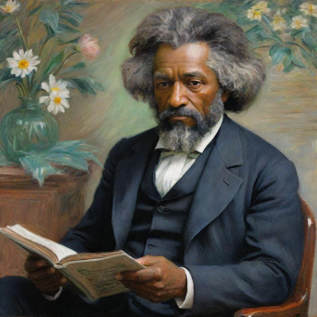 Showcase Frederick Douglass in a scholarly setting, engaging in intellectual endeavors, captured in Claude Monet's impressionistic style. Douglass is absorbed in reading a book, his face illuminated with knowledge, while his surroundings exude the vibrant colors and strokes typical of Monet.