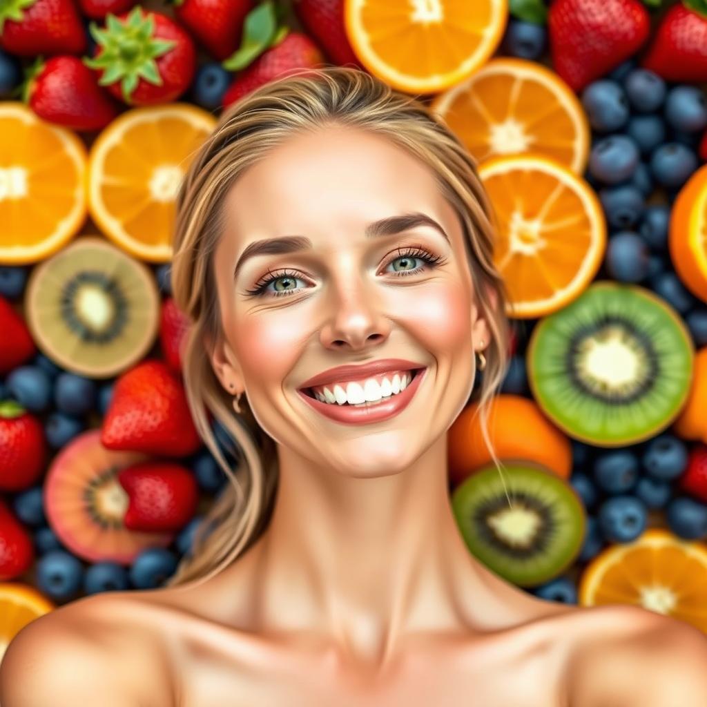 A vibrant and eye-catching thumbnail for YouTube featuring a woman showcasing her healthy skin, smiling radiantly