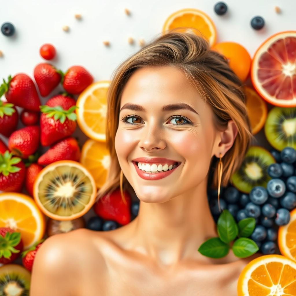 A vibrant and eye-catching thumbnail for YouTube featuring a woman showcasing her healthy skin, smiling radiantly