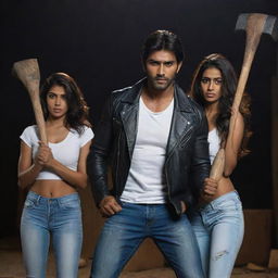 Portray the muscular Indian man in a black leather jacket and white shirt, holding a sledgehammer, and the scared Indian girl in jeans and a t-shirt hiding behind him, with the Indian Pariah dog beside them in a dark setting.