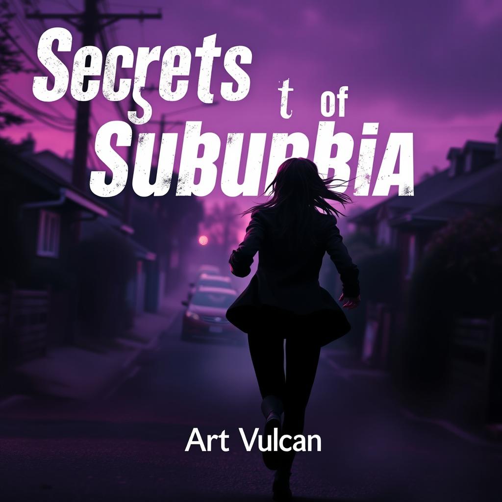 A thrilling scene titled 'Secrets of Suburbia', featuring a female villain running away, her back towards the viewer