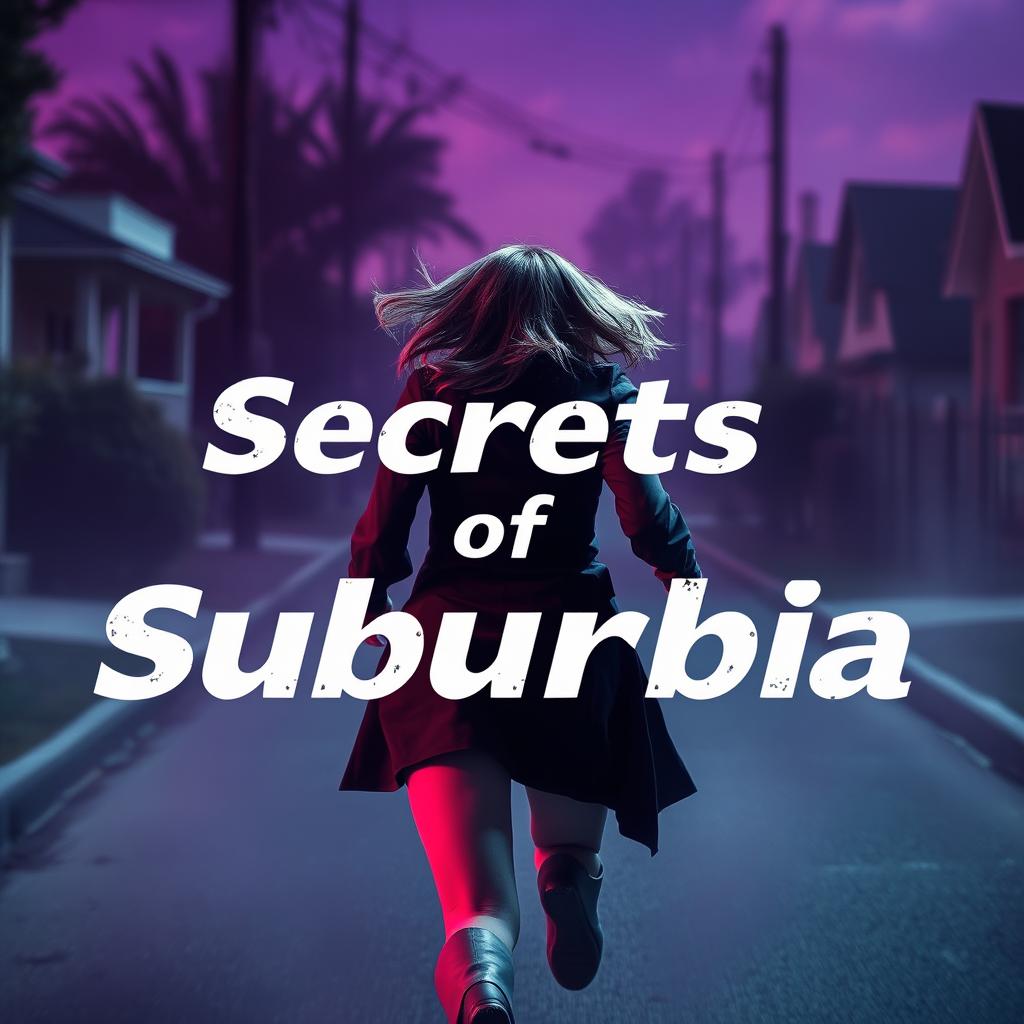 A thrilling scene titled 'Secrets of Suburbia', featuring a female villain running away, her back towards the viewer