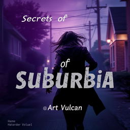 A thrilling scene titled 'Secrets of Suburbia', featuring a female villain running away, her back towards the viewer