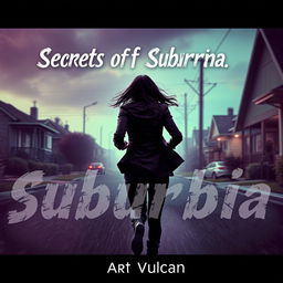 A thrilling scene titled 'Secrets of Suburbia', featuring a female villain running away, her back towards the viewer