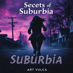 A dramatic and suspenseful scene titled 'Secrets of Suburbia', featuring a female villain running away with her back turned towards the viewer