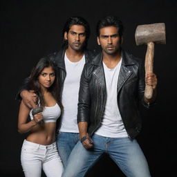 Portray the muscular Indian man in a black leather jacket and white shirt, holding a sledgehammer, and the scared Indian girl in jeans and a t-shirt hiding behind him, with the Indian Pariah dog beside them in a dark setting.