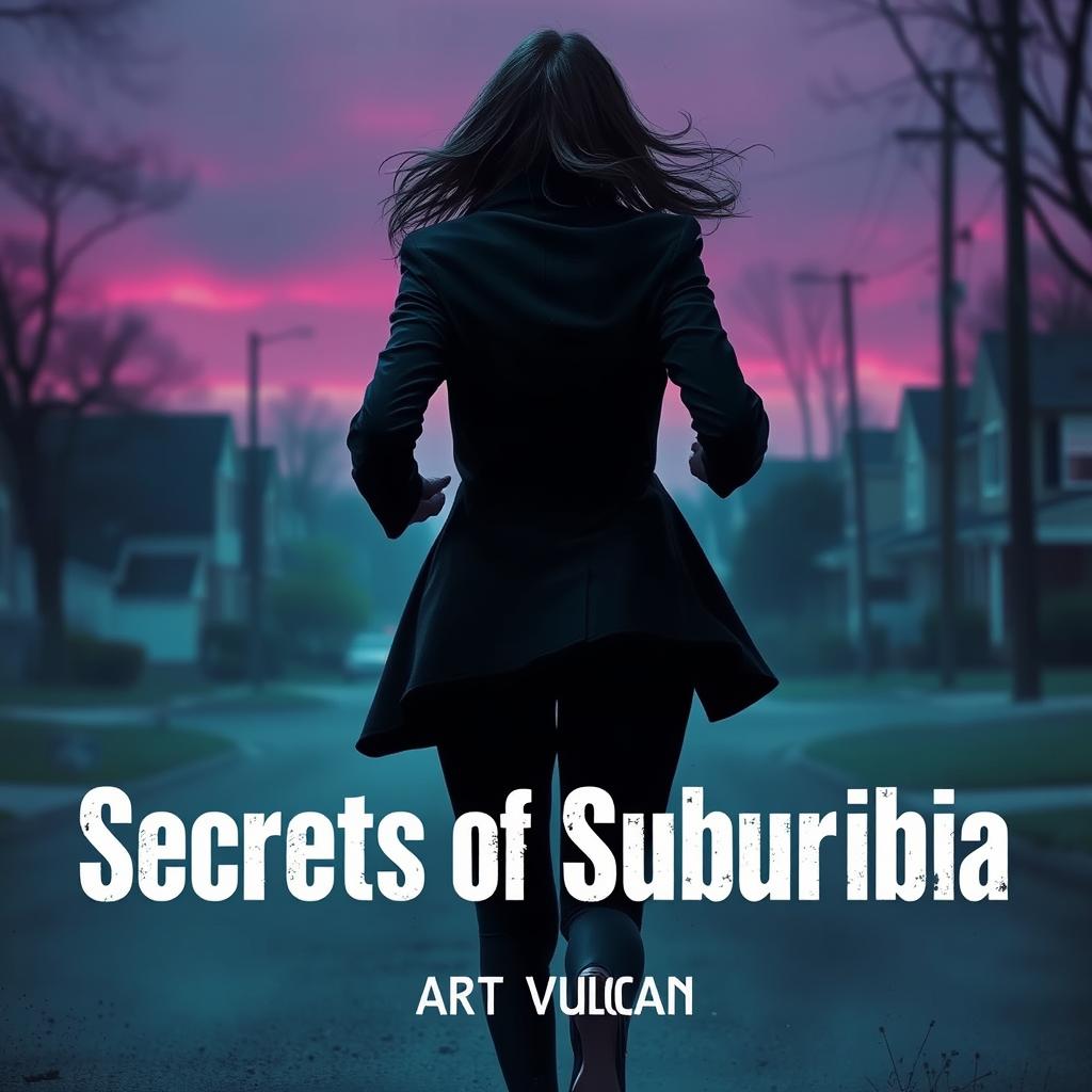 A dramatic and suspenseful scene titled 'Secrets of Suburbia', featuring a female villain running away with her back turned towards the viewer