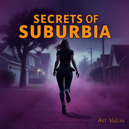 A dramatic and suspenseful scene titled 'Secrets of Suburbia', featuring a female villain running away with her back turned towards the viewer