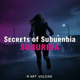 A dramatic and suspenseful scene titled 'Secrets of Suburbia', featuring a female villain running away with her back turned towards the viewer