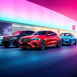 A sleek black BMW X6, a vibrant red Mercedes A45, a pristine white Audi Q8, and a stunning blue Volkswagen California parked elegantly on a futuristic urban street