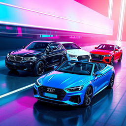 A sleek black BMW X6, a vibrant red Mercedes A45, a pristine white Audi Q8, and a stunning blue Volkswagen California parked elegantly on a futuristic urban street