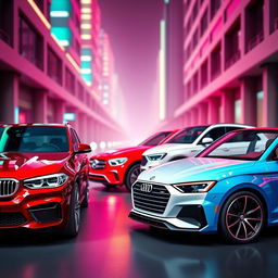 A sleek black BMW X6, a vibrant red Mercedes A45, a pristine white Audi Q8, and a stunning blue Volkswagen California parked elegantly on a futuristic urban street