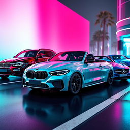 A sleek black BMW X6, a vibrant red Mercedes A45, a pristine white Audi Q8, and a stunning blue Volkswagen California parked elegantly on a futuristic urban street