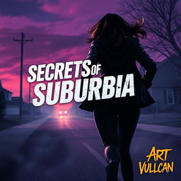 A thrilling scene titled 'Secrets of Suburbia' featuring a female villain in a dynamic pose running away, her back facing the viewer